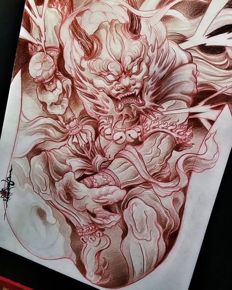 Japanese Raijin Tattoo, Raijin Tattoo Design, Raijin Tattoo, Foo Dog Tattoo, Japan Tattoo Design, Fu Dog, Full Back Tattoos, Irezumi Tattoos, Asian Tattoos