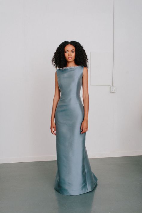 V Back Charlotte Gown with Swarovski Crystal Catherine Regehr, Rose Gown, Grey Gown, Add Sleeves, Off Shoulder Gown, Embellished Collar, Dress Idea, Resort 2020, Boat Neck Dress