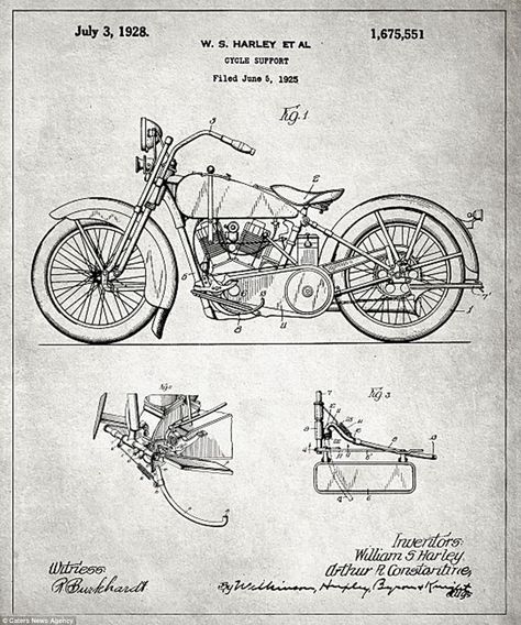 Oliver Typewriter Company | Blueprints of some of the most significative invention of the last ... Harley Davidson Kunst, Art Harley Davidson, Patent Art Prints, Harley Davidson Art, Motorcycle Illustration, Drawing Machine, Motorcycle Decor, Blue Prints, Patent Drawing