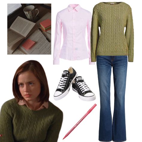 Yale Rory Outfit, Rory Yale Outfits, Lorelei Gilmore Winter Outfits, Rory Gilmore Green Sweater, Yale Rory Gilmore, Rory Gilmore Yale Outfits, Yale Shirt Aesthetic, Rory Gilmore Yale, Lolerai Gilmore Outfit