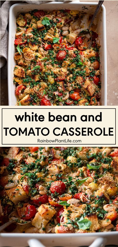 Flavorful Bean Recipes, Vegetable And Bean Recipes, Bean And Tomato Recipes, Vegetarian Italian Casserole, Tomato Beans Recipes, Beans And Rice Main Dish, White Bean And Tomato Bake, Vegan Bean Casserole, Mediterranean Diet Casseroles