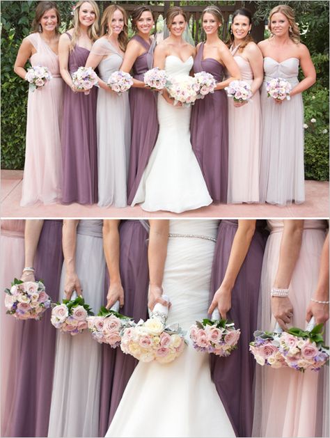 Elegant floor length bridesmaid dresses in purple and pink. #bridesmaidsdresses #bridesmaids #bride Pink Purple Dress, Baju Kahwin, Mismatched Bridesmaids, Mismatched Bridesmaid Dresses, Pink Bridesmaid Dresses, Bridesmaids And Groomsmen, Glamorous Wedding, Wedding Bridesmaid Dresses, Purple Wedding