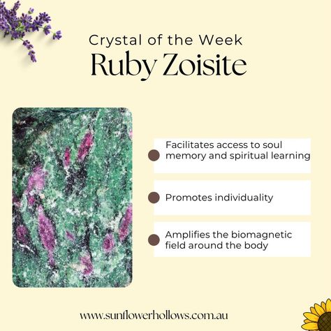 The crystal of the week is 🥁 RUBY ZOISITE 🌻 Ruby Zoisite is said to 🌻 Facilitate access to soul memory and spiritual learning 🌻 Promotes individuality 🌻 Amplifies the biomagnetic field around the body Among other things. Zuby Zoisite is associated with the crown chakra. Follow the link in our bio to find these on sunflowerhollows.com.au #brisbanecrystalshop #australiancrystalshop #crystalsforsaleaustralia #aussiecrystalbusiness #metaphysicalshop #sunflowerhollows #crystalproperties #... Spiritual Learning, Crystal Magick, Metaphysical Shop, The Crown Chakra, Crystals For Sale, Ruby Zoisite, Crown Chakra, Crystal Shop, The Crown