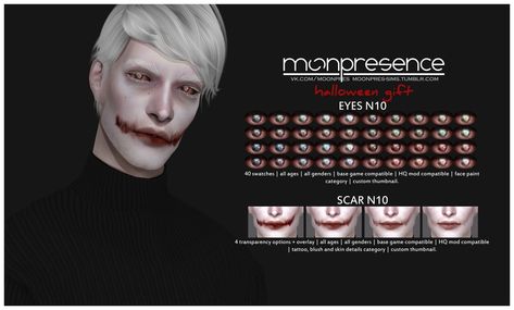 moonpresence  | HALLOWEEN GIFT: EYES N09-N10, SCAR N10-N12 T.O.U.... Sims 4 Ghost Face Cc, Ts4cc Vampire, Sims 4 Creepypasta Cc, Sims 4 Cc Creepypasta, Sims Apocalypse, Joker Scars, Scary Face Paint, Halloween Scary Face, Sims 4 Cc Eyes