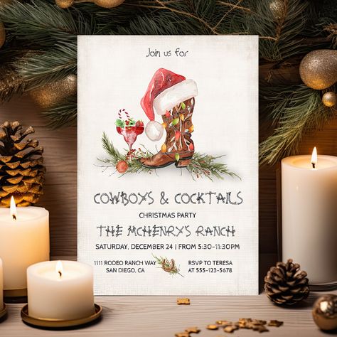 Cowboy Themed Christmas Party, Cowboy Christmas Party Decorations, Western Theme Party For Adults Invitations, Cowboy Christmas Party, Cowboy Theme Party For Adults Invitation, Country Christmas Invitations, Friendsmas Ideas, Western Christmas Party, Cocktails Christmas