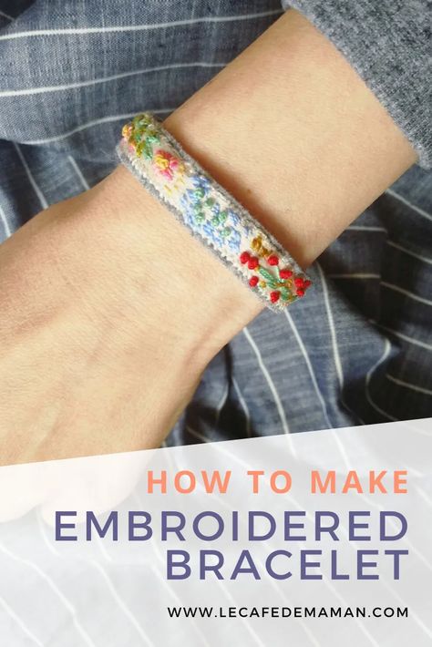 How To Make Embroidered Bracelets, Diy Handmade Crafts, Embroidery Floss Crafts Diy, Punch Needle Bracelet, Things To Make With Embroidery Floss, Embroidered Jewelry Diy, Hand Embroidery Crafts, Embroidery Felt Ideas, How To Make Embroidery Bracelets