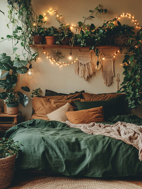 Transform your bedroom into a cozy haven with soft blankets, lush greenery, and warm fairy lights. This natural, boho-inspired design creates the perfect restful retreat. Time to refresh your home vibes with simple, calming touches! 🪴✨ #BedroomRefresh #CozyVibes #HomeDecor Greenery Bedroom Aesthetic, Cozy Astetic Bedrooms, Earthy Green Bedroom Ideas, Cozy Bedroom Fairy Lights, Fairy Lights Bedroom Ideas Simple, Earthy Bedroom Aesthetic, Apartment Updates, Light Green Bedrooms, Green Bedrooms