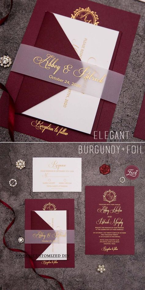 EWI450 Merlot burgundy invitations with foil print and translucent vellum belly band Red And Gold Wedding Invitations, Black And Red Wedding Invitations, Red And Black Wedding Invitations, Invitation Red And Gold, Red Black And White Wedding, Red Rose Wedding Invitations, Asian Wedding Invitations, Vellum Belly Band, Wine Colored Wedding