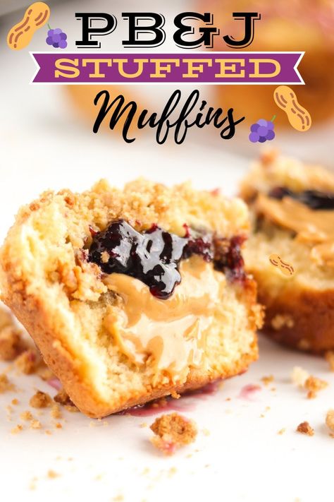 Peanut Butter And Jelly Muffins | A baJillian Recipes (title) Peanut Butter Recipes Savory, Muffins Peanut Butter, Stuffed Muffins, Peanut Butter And Jelly Muffins, Peanut Butter Jelly Recipes, Jelly Muffins, Fluffy Muffins, Bacon Muffins, Peanut Butter Jelly Time