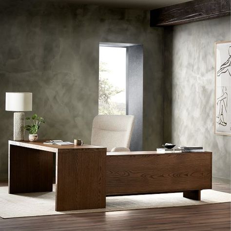 Modern Desks | West Elm Modern L Shaped Desk, Masculine Office, L Shaped Executive Desk, Modular Desk, Modern Desks, Executive Office Desk, Wood Cover, L Shaped Desk, Executive Desk