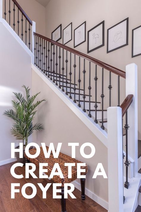 How To Make A Foyer When There Isnt One, Open Landing Ideas Upstairs, Creating An Entryway When There Isnt One, Entrance Stairs Entryway, Open Concept Foyer, No Foyer Entry Living Rooms, Foyer Ideas Entryway Stairs, Angled Wall Decor, Banister Ideas