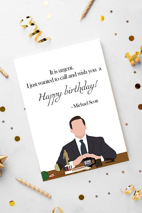 Happy birthday Michael Scott Birthday Card from The Office birthday cards DIGITAL DOWNLOAD PRINTABLE.
This card is great gift for colleague, boss or friend who is the office fan.

In card written: “It is urgent. I just wanted to call and wish you a happy birthday.” - Michael Scott (ep.: ‘Michael’s Birthday’, Season Two, Episode 19).

Postcard size: A5 with BLANK INSIDE. Front illustrated. Boss Birthday Card Ideas, The Office Birthday Gift, Birthday Cards For Boss, It Is Your Birthday The Office, Michael Scott Birthday, Michael Scott Birthday Card, The Office Happy Birthday, The Office Birthday Meme, Birthday Card For Boss