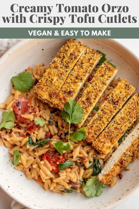 Creative Tofu Recipes, Creamy Tomato Orzo, Tofu Cutlets, Tofu Meals, Gluten Free Orzo, Cooking Goals, Tomato Orzo, Breaded Tofu, Meatless Mains