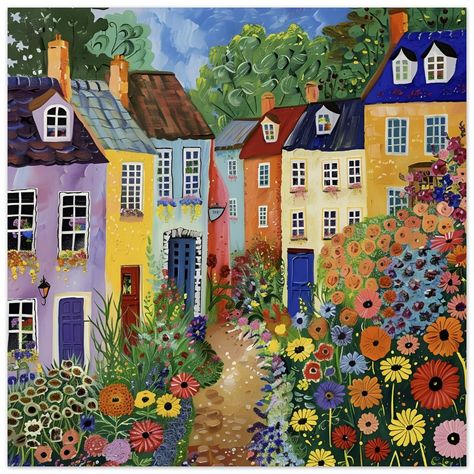 Houses In England, Foam Board Printing, Naive Painting, Cottage Art, Vibrant Flowers, Naive Art, Vibrant Flower, English Countryside, Terrace House