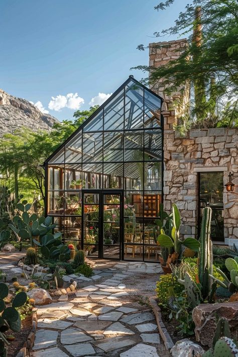 Green House Attached To Kitchen, Greenhouse In Home, Secret Garden Greenhouse, 2 Story Greenhouse, Green House Attached To House Courtyard, Small Green House Interior Ideas, Green House Room, Greenhouse In Garden, Nature Architecture Concept