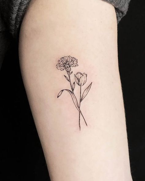 97 Beautiful Flower Tattoos and Meaning - Our Mindful Life Flower Tattoo Meaning Growth, Two Carnations Tattoo, Peony And Carnation Tattoo, Mom Flower Tattoo Ideas, Two Intertwined Flowers Tattoo, Birth Flower Carnation Tattoo, Roses And Chrysanthemums Tattoo, Carnation And Tulip Tattoo, Intertwining Flower Tattoo