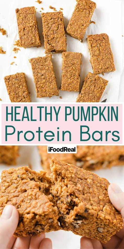 Pumpkin Protein Bars - iFoodReal.com Homemade Pumpkin Protein Bars, High Protein Snacks Pumpkin, Recipes With Pumpkin Protein Powder, Pumpkin Oatmeal Bars Protein, Protein Pumpkin Bars, Pumpkin Recipes Protein, Healthy Pumpkin Breakfast Bars, Pumpkin Protein Bar, Pumpkin Protein Powder Recipes