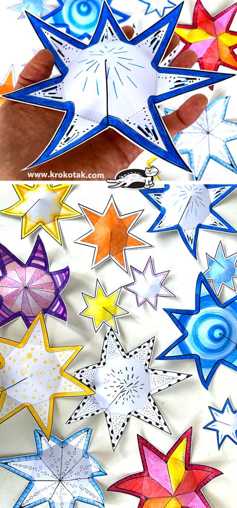 3d Stars, Christmas Template, Free Printable Templates, Paper 3d, Ornament Template, 3d Star, Papercraft Templates, Winter Crafts For Kids, Paper Ornaments