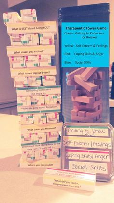 Jenga Questions, Social Work Activities, Therapeutic Games, Counseling Games, Therapeutic Recreation, School Social Worker, Recreation Therapy, Therapy Games, School Social Work