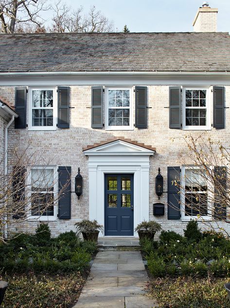 Yellow Brick House, Colonial House Exteriors, Traditional Front Doors, Brick Siding, Black Shutters, House Shutters, Colonial Exterior, Colonial Style Homes, Exterior Front Doors