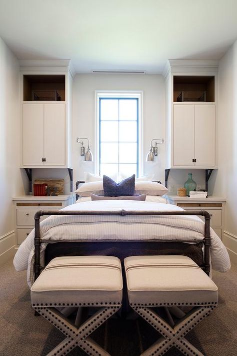 Pimlico Sconces flanking a long vertical window between built-in cabinets above a vintage industrial bed with French burlap x stools at the foot. Establish Design, Window Above Bed, Built In Bedroom Cabinets, Bed Headrest, Industrial Bed, Bedroom Built Ins, Built In Dresser, Built In Bed, Built In Cabinet