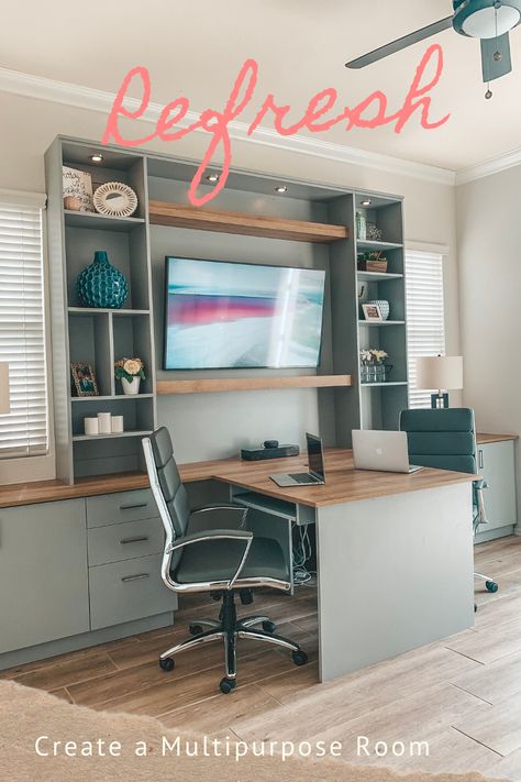 Office Tv Room Combo, Small Multipurpose Room, Home Office Tv Room Combo, Multipurpose Guest Room, Shared Home Office, Home Office Aesthetic, Home Office/gym, Office Design Home, Home Office Layouts