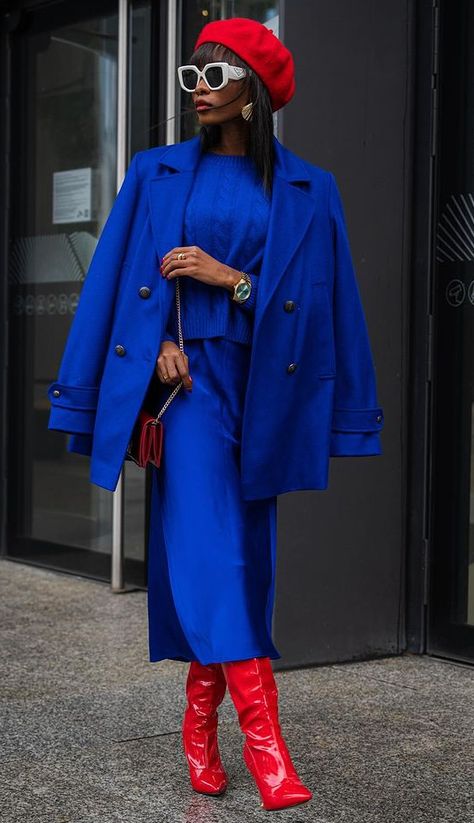 Pop Of Color Winter Outfit, Royal Blue And Red Outfit, Bold Winter Outfits, Winter Blue Outfit, Royal Blue Palette, Blue Fur Coat Outfit, Cobalt Blue Outfits, Winter Color Palette Clothes, Red And Blue Outfit