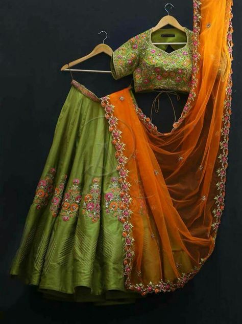 Orange Dupatta, Half Saree Lehenga, Best Blouse Designs, Lehnga Dress, Green Lehenga, Lehenga Style, Half Saree Designs, Indian Gowns Dresses, Indian Lehenga