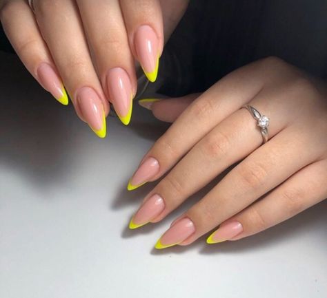 Neutral And Neon Nails, Neon Yellow Almond Nails, Neon Yellow French Tip Nails, Acrylic Nail Designs Classy, Hippie Nails, Subtle Nails, Blush Nails, Casual Nails, Acrylic Nails Coffin Pink