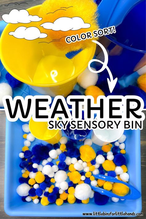 Spring is the perfect time to explore the weather, with April showers bringing May flowers. Put together a simple, non-food sensory bin to explore the sky! Craft this quick and easy weather sensory bin to add to a toddler or preschool science center weather theme, and add our free printable weather playdough mats! Sunny Weather Preschool Activities, Sky And Weather Theme Preschool Dramatic Play, Preschool April Themes, The Sky And Weather Theme Preschool, Weather Sensory Activities, Spring Weather Activities Preschool, Weather Playdough, Weather Sensory Bin, Weather Curriculum