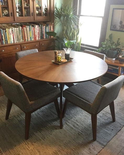 Mcm Dining Table, Round Dining Table For 4, Dining Table For 4, Brown Living Room Decor, Midcentury Modern Dining Table, Stairs In Living Room, Article Furniture, Modern Dining Tables, Round Kitchen Table