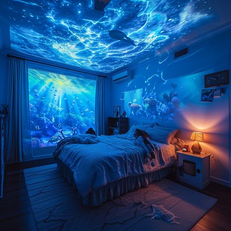 Dreamy Bedroom Ambiance: A serene bedroom bathed in blue light, depicting underwater scenes and a starry night sky. #bedroom #blue #underwater #starry #night #aiart #aiphoto #stockcake ⬇️ Download and 📝 Prompt 👉 https://stockcake.com/i/dreamy-bedroom-ambiance_145604_18745 Underwater Theme Bedroom, Night Sky Bedroom, Starry Night Bedroom, Sky Bedroom, Underwater Bedroom, Underwater Room, Ocean Bedroom, Light Blue Bedroom, Ocean Themed Bedroom