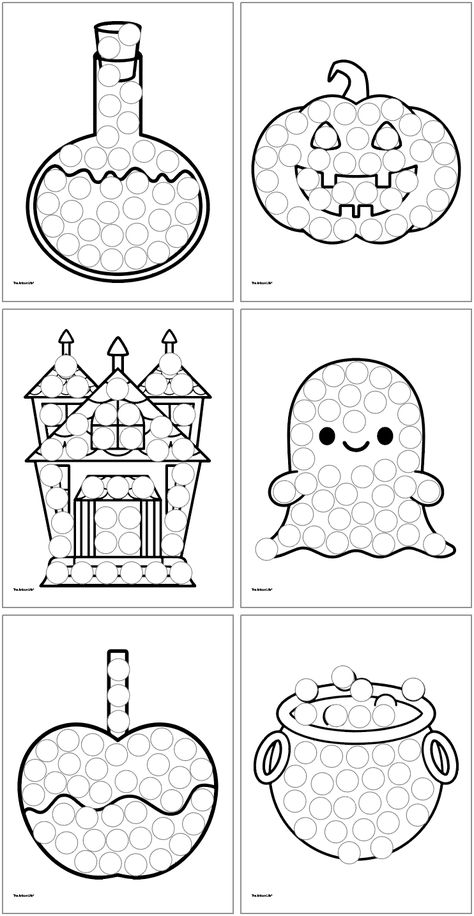 A grid with 6 Halloween themed dot marker coloring pages for toddlers and preschoolers Free Halloween Dot Printables, Dot Painting Preschool Free Printables, Do A Dot Halloween Printables Free, Halloween Dot Art Printables Free, Halloween Dot Marker Printables Free, Bingo Dotter Printables, No Prep Halloween Activities, Free Halloween Coloring Pages For Preschool, Halloween Dot Marker Printables