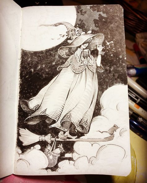 ArtStation - Inktober #2: “Tranquil Midnight Ride with Two Unsavory Gentlemen”, John Polidora Arte Indie, Arte Sketchbook, Witch Art, Sketchbook Inspiration, Ink Illustrations, 영감을 주는 캐릭터, A Drawing, Ink Art, Art Sketchbook