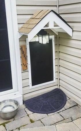 Dog Door Side Of House, Cat Door Outside, Brand New Home Decor Ideas, Screen Porch With Doggie Door, Wall Doggie Door Ideas, Dog Door Entrance Ideas, Dog Door Decor, Pet Nook Ideas, Inside Outside Dog Area