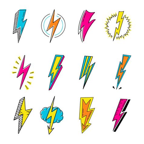 Lightning Bolt Illustration, Lightning Illustration, Lightning Bolt Tattoo, Bolt Tattoo, Retro Vector Illustration, Retro Illustrations, Color Cartoon, 타이포그래피 포스터 디자인, Retro Vector