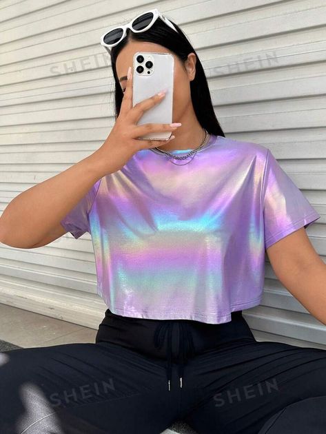 SHEIN EZwear Plus Holographic Crop Tee | SHEIN USA Uv Party Outfit, Holographic Tshirts, Iridescent Tshirt, Trendy Rainbow Short Sleeve T-shirt, Holographic Shirt, Pride Rainbow Pre-shrunk Top, Holographic Sequins, Cute Mini Backpacks, Rose Bonbon