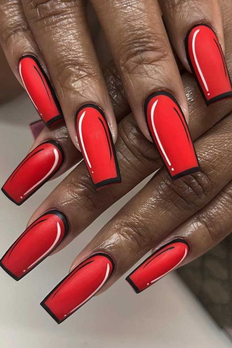 Comic Book Nails, Pop Art Nails, Red Nail Art, Red Acrylic Nails, Matte Nails Design, Simple Acrylic Nails, Red Nail Designs, Black Nail, Art Nails