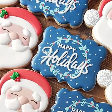 Scientific Sweets on Instagram: "Happy Holidays from Scientific Sweets! 🎅 #scientificsweets #winnipegcookies #customcookies #bakeyourworldhappy #wiltoncakes #holidaycookies #christmascookies #santacookies #talentedcookiers #sugarcookiesofinstagram #cookiesofinstagram #sugarcookies #decoratedcookies #icedcookies #designercookies #cookieart #sugarart #americolor #cookiedecorating #cookieartist #sugarcookiedecorating #ywgcookies" Happy Holidays Cookies Decorated, Painted Sugar Cookies, Holiday Cookies Decorated, Holiday Sugar Cookies, Wilton Cakes, Santa Cookies, Cookies Decorated, Iced Cookies, Cookie Ideas