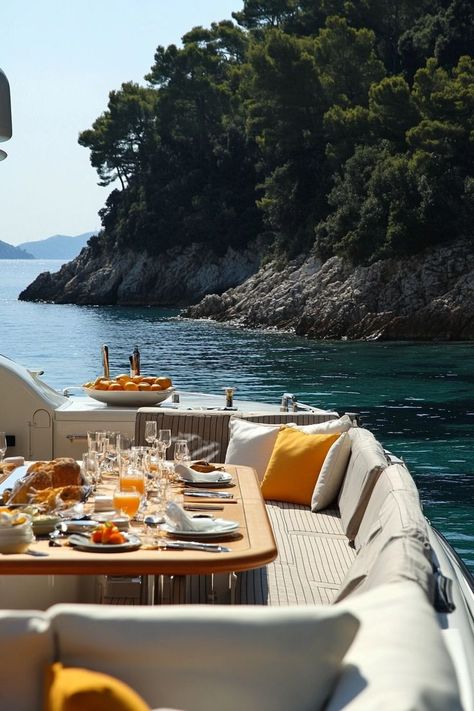 "Set sail on a private yacht in the Mediterranean! 🚤🌊 Indulge in luxury and explore stunning coastlines with personalized service and breathtaking views. 🛥️☀️ #Mediterranean #PrivateYacht #LuxuryTravel" Italian Yacht Aesthetic, Summer Yacht Aesthetic, European Yacht Aesthetic, Vacation Luxury Aesthetic, South Of France Yacht, Yacht Crew Aesthetic, Yacht Black Women, Bateau Aesthetic, Yacht Table Settings