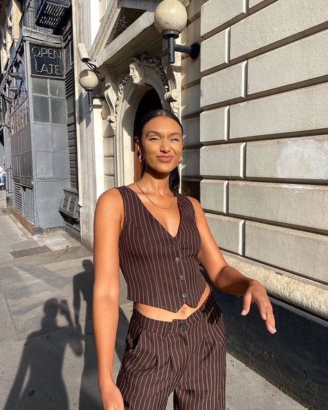 SOPHIA NAHOME 🦋 on Instagram: “.. till the sun comes out” Pinstripe Suit Women, 3 Piece Suit Women, Suit Vest Women, 20’s Fashion, Vest Outfit Women, Trousers Women Outfit, Waistcoat Outfit, Vest Outfits For Women, Woman In Suit