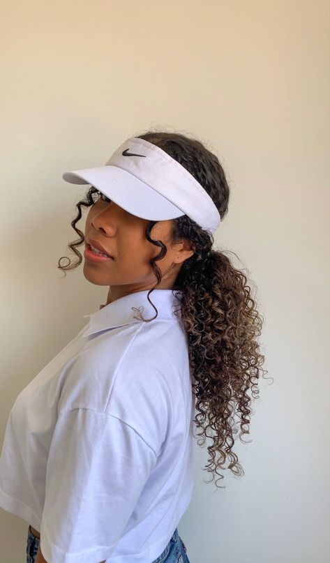 Fashionable Scarf Hairstyles for Work Curly Hairstyles With Visor, Curly Visor Hairstyles, Curly Hair With Visor Hat, Visor Hat Hairstyles Curly Hair, Visor Curly Hair, Curly Hair Visor Hairstyles, Hairstyles For Visors Hats Work, Curly Hair Visor, Hair Styles For Visors