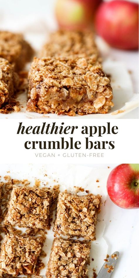 These healthier apple crumble bars are an easy treat that will give you all the fall feelings. They’re made with healthy ingredients and vegan + gluten-free, so the whole gang can enjoy them! #applecrumble #applecrisp #healthydessert #healthybaking #fallbaking Okonomi Kitchen, Apple Crumble Bars, Healthy Apple Crumble, Vegan Apple Pie, Apple Bars, Apple Oatmeal, Easy Treat, Healthy Vegan Desserts, Vegan Cakes