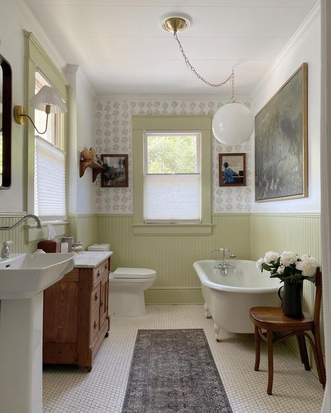 Photo by Jessica • Home design, interior styling and renovations in Jacksonville, Florida with @signaturehw, @loloirugs, @studiomcgee, @chic_ology_, @amazonhome, and @facebookmarketplace. #Regram via @www.instagram.com/p/CruEzr_p_4f/ Historic Bathroom, Light Green Paint, Wainscoting Bathroom, Home Design Interior, 1920s House, Brooklyn Apartment, Boys Rooms, Green Paint Colors, Bathroom Reno