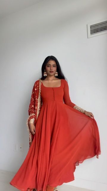 Orange Colour Anarkali Dress, Burnt Orange Anarkali, Orange Anarkali Dress, Orange Indian Outfit, Anarkali Suits Simple, Indian Long Frocks, Orange Anarkali, Long Anarkali Dress, Desi Fits