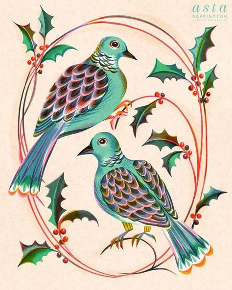 Two Turtle Doves Illustration, Turtle Doves Christmas, Turtle Doves, Two Turtle Doves, Turtle Dove, Instagram Challenge, Christmas Challenge, Holiday Painting, Twelve Days Of Christmas