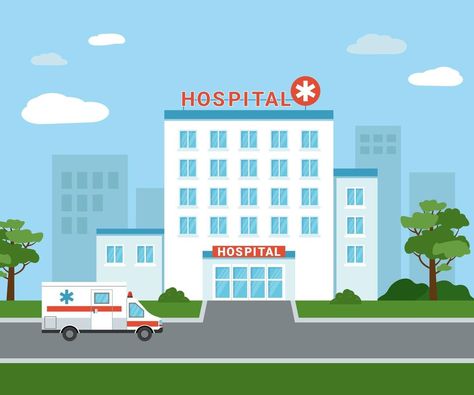 Medical hospital building outside. An ambulance car next to the hospital building. Isolated medical facility exterior view with trees and clouds on the background. Flat vector illustration Hospital Background For Editing, Hospital Outside, Hospital Drawing, Ambulance Cartoon, Hospital Background, Hospital Cartoon, Hospital Building, Medical Illustrations, Modern Hospital