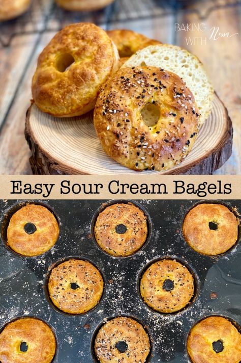 Easy Homemade Sour Cream Bagels Sour Cream Bagels, Quick Bagel Recipe, Bagel Bites Recipe, Gluten Free Bagel Recipe, Bagel Sandwich Recipes, Healthy Sour Cream, Recipes Using Cream Cheese, Healthy Bagel, Bagel Recipe Easy