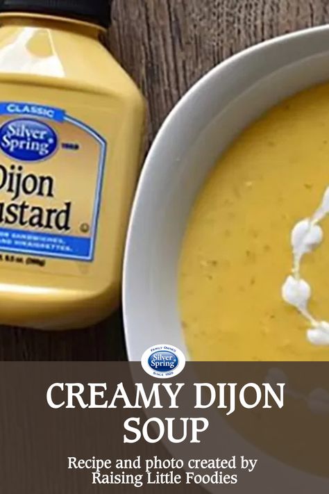 There's nothing like warm soup on a cold winter day! We love this Creamy Dijon Soup recipe from Raising Little Foodies. Don't forget a bottle of our Silver Spring Dijon Mustard to add "zing" to this simple, but delicious soup recipe. Recipe and photo created by @Raising_Little_Foodies #winterrecipes #onion #heavycream #chickenstock #garlic #soup #carrots #potatoes #soup #mustard #djion #dijonmustard #silverspringfoods Mustard Soup Recipe, Mustard Soup, Chicken Dijon, Potatoes Soup, Creamy Dijon, Dijon Chicken, Carrots Potatoes, Garlic Soup, Yellow Potatoes