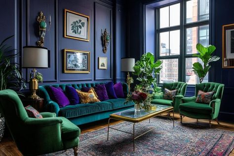 Blue Jade Valspar Living Room, Jewel Tone Maximalist Living Room, Modern Jewel Tone Living Room, Behr Jewel Tone Paint Colors, Jewel Tone Accent Wall, Jewel Toned Office, Bright Jewel Tone Color Palette, Jewel Tone Maximalist, Jewel Tone Office